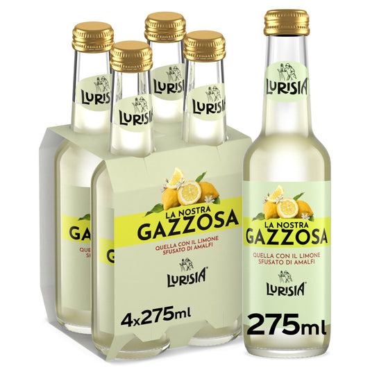 Lurisia La Nostra Gazzosa – 4 Bottiglie in Vetro 100% Riciclabile da 275ml, Bevanda Analcolica Prodotta con il Succo e l’infuso del "Limone Costa d'Amalfi I.G.P.", Gusto Dissetante