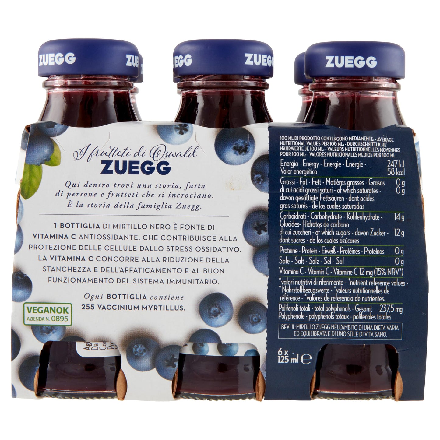 Zuegg Succo di Frutta Nettare di Mirtillo Nero Selvatico in Bottiglia di Vetro (125Ml), Linea Benessere - Fonte di Vitamina C, Frutta 40% Minimo (4 confezioni da 6x125Ml, 24 pezzi)