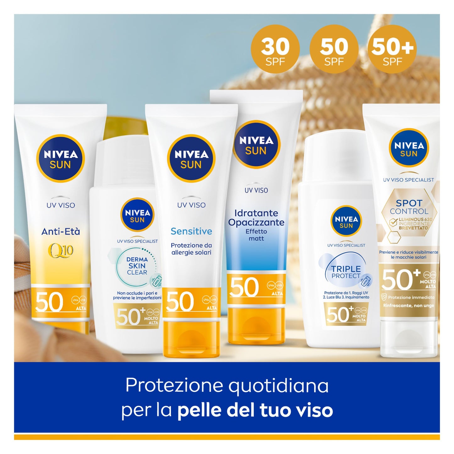 NIVEA SUN Crema UV Viso Sensitive SPF50 50 ml, Crema solare viso 50 per pelli sensibili, Protezione solare viso contro le allergie solari, Crema viso SPF 50 senza profumo dalla texture leggera