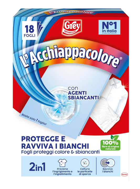 Grey L'Acchiappacolore 2in1 Protegge e Ravviva i Bianchi, Fogli Cattura Colore, Fogli Proteggi Colore e Sbiancanti, Confezione da 18 fogli