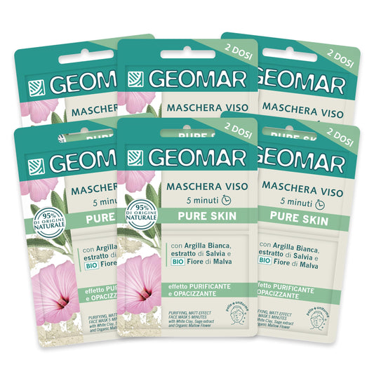 GEOMAR | Maschera Viso Pure Skin, con Argilla Bianca, Estratto di Salvia, BIO Fiore di Malva, Olio di Crusca di Riso ed Estratto di Salice, 95% di Origine Naturale, Made in Italy, 6 x 15 ml