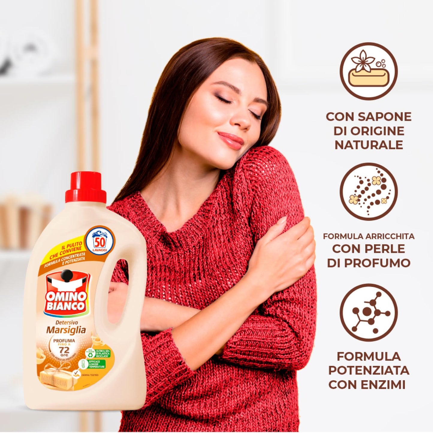 Omino Bianco Detersivo Liquido Concentrato Marsiglia per Lavatrice 50 Lavaggi Formula Bio con Perle di Profumo 72h per Tessuti Delicati e Colorati Efficace a Basse Temperature - 2 Flaconi da 2L