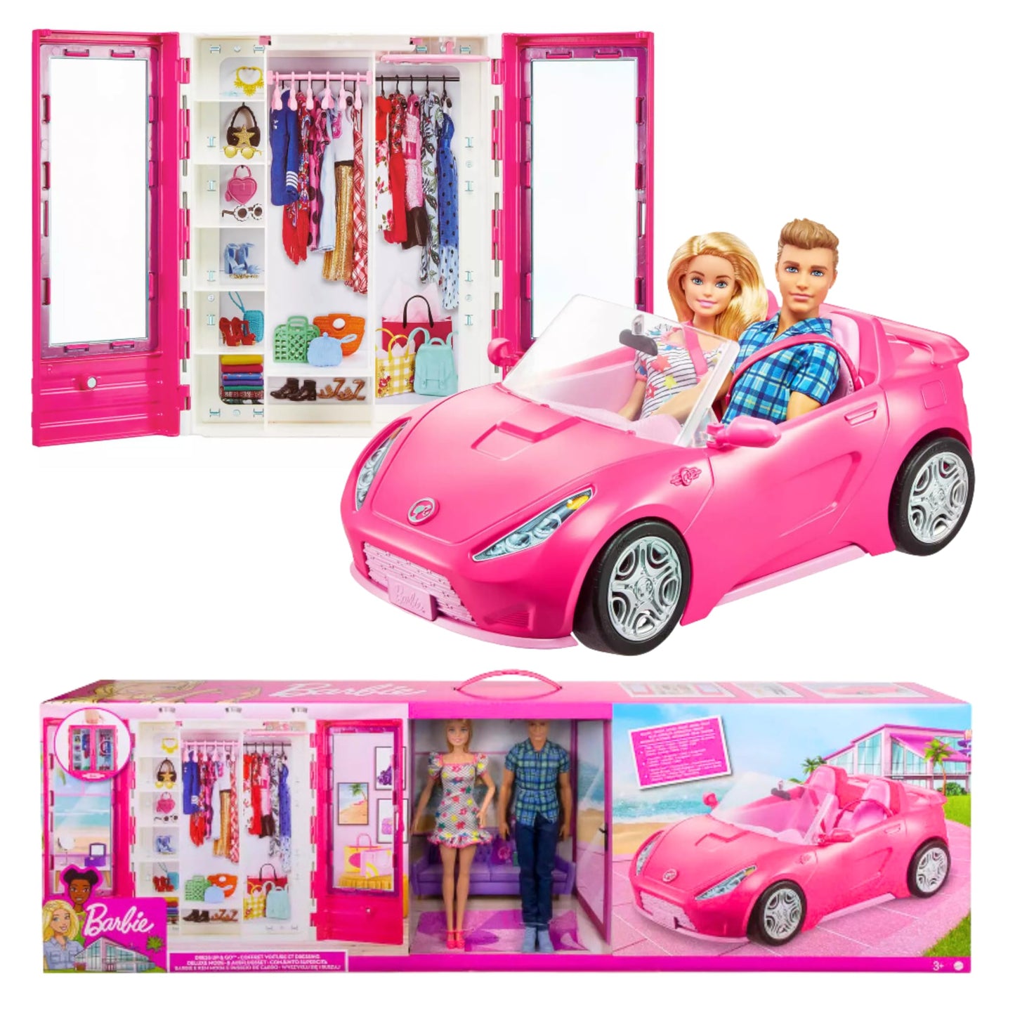 Mattel - Set Barbie + Ken + Auto Cabrio + Armadio (Accessori Non Inclusi)