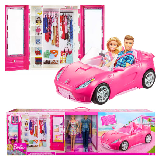 Mattel - Set Barbie + Ken + Auto Cabrio + Armadio (Accessori Non Inclusi)