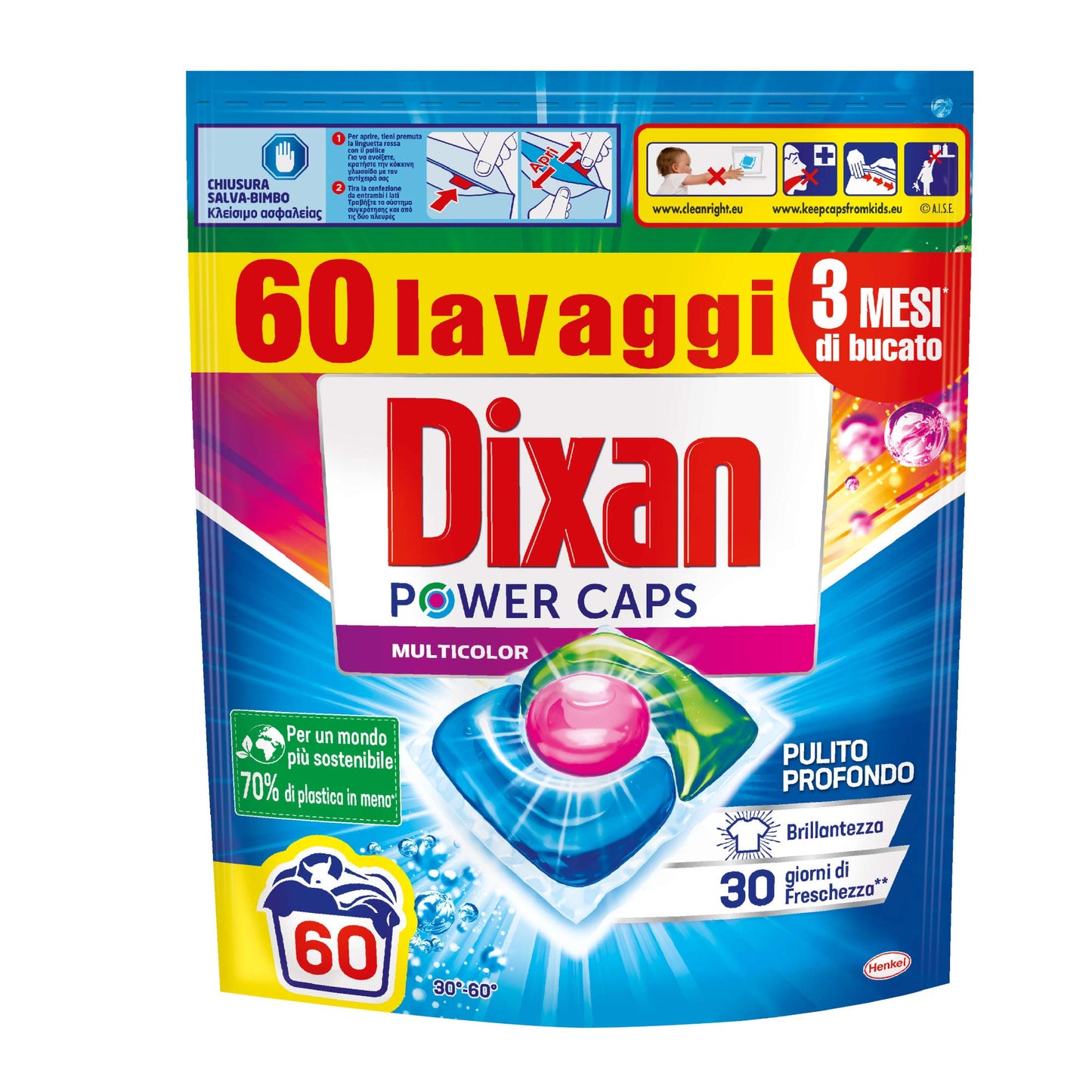 Dixan PowerCaps Multicolor, Detersivo Lavatrice Capsule, Ideale per capi colorati, 60 lavaggi - 900 g
