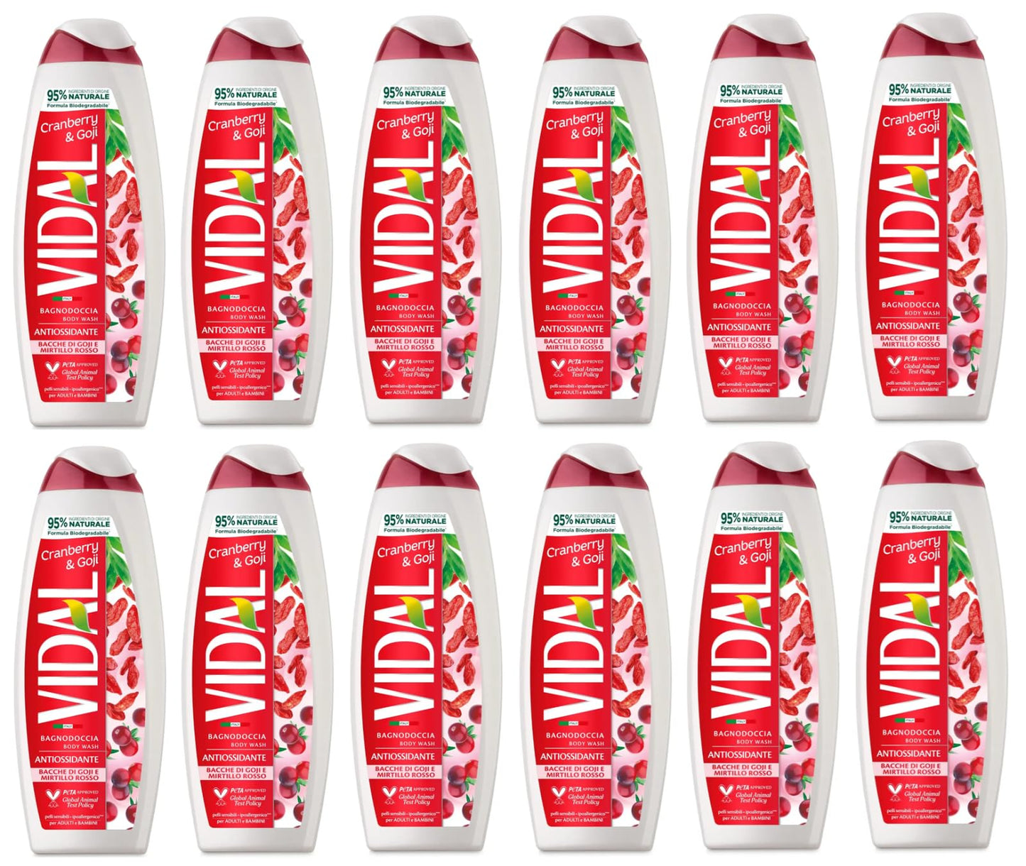 12 confezioni di detergente per il corpo Vidal Bagnodoccia, gel doccia Bacche di Goji e Mirtillo rosso, schiuma doccia con bacche di Goji e mirtillo, 500 ml