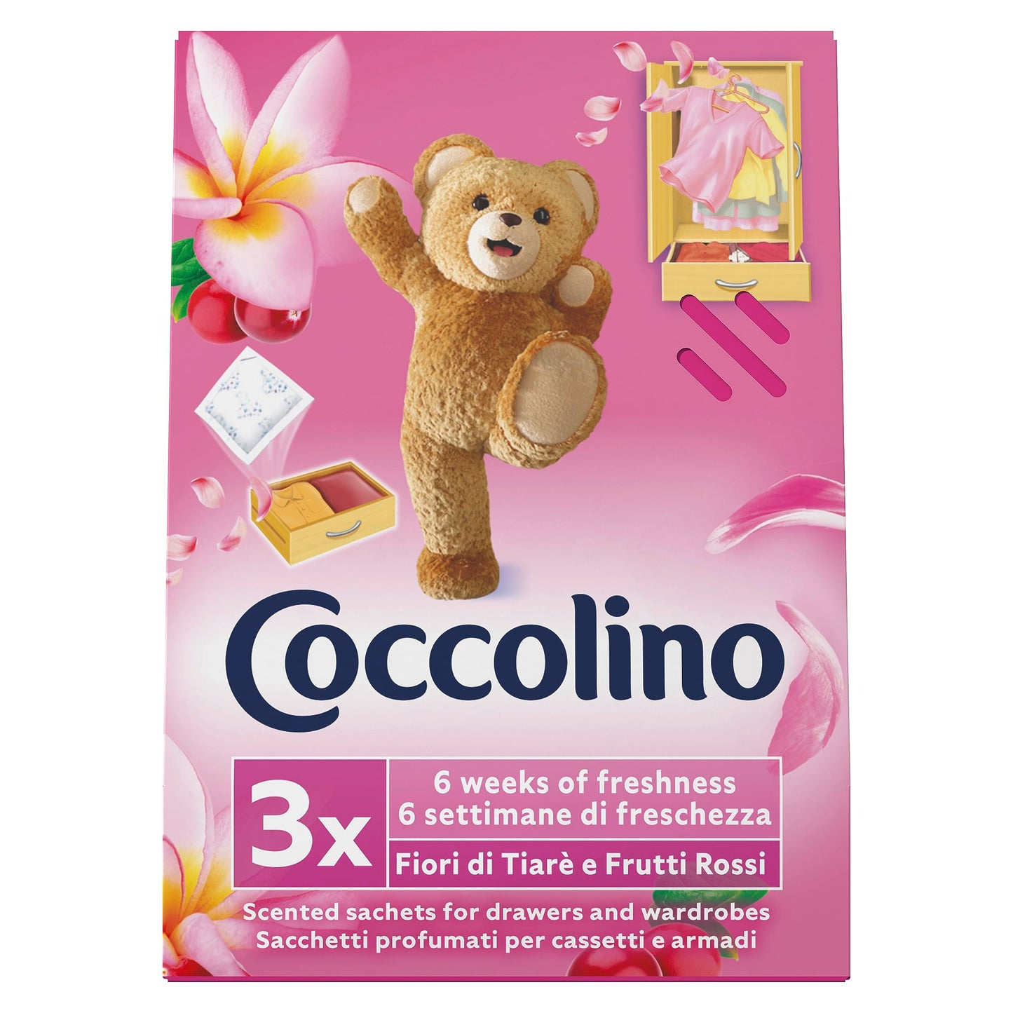 Coccolino Profuma Biancheria, 3 Sacchetti per Ogni Confezione di Fragranze Assortite, Profumo Primavera, Fiori di Tiarè & Frutti Rossi, Ylang Ylang, Confezione da 12 per un Totale di 36 Sacchettini
