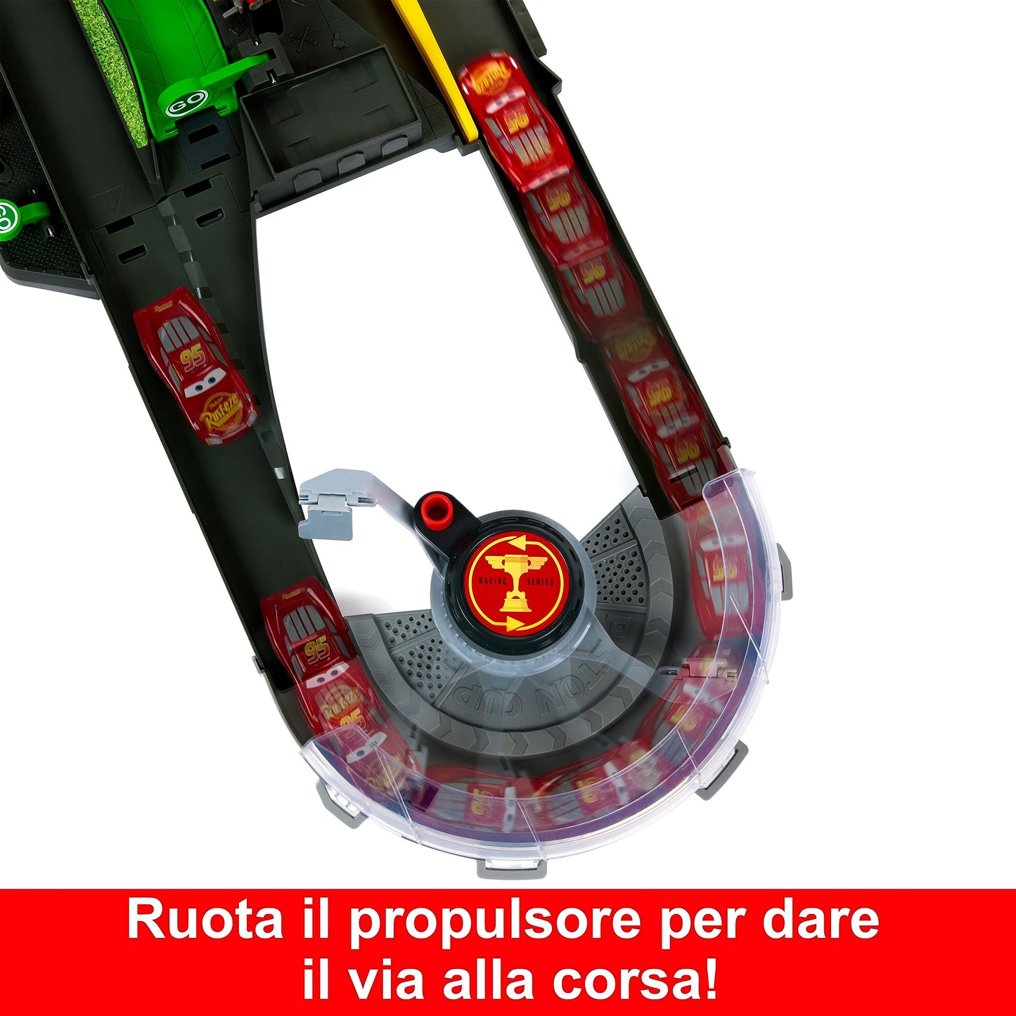 Mattel Disney Pixar CARS - Pista Azione Piston Cup, playset pista interattiva con macchinina die-cast Saetta McQueen inclusa, giocattolo per bambini, 4+ anni, HPD81