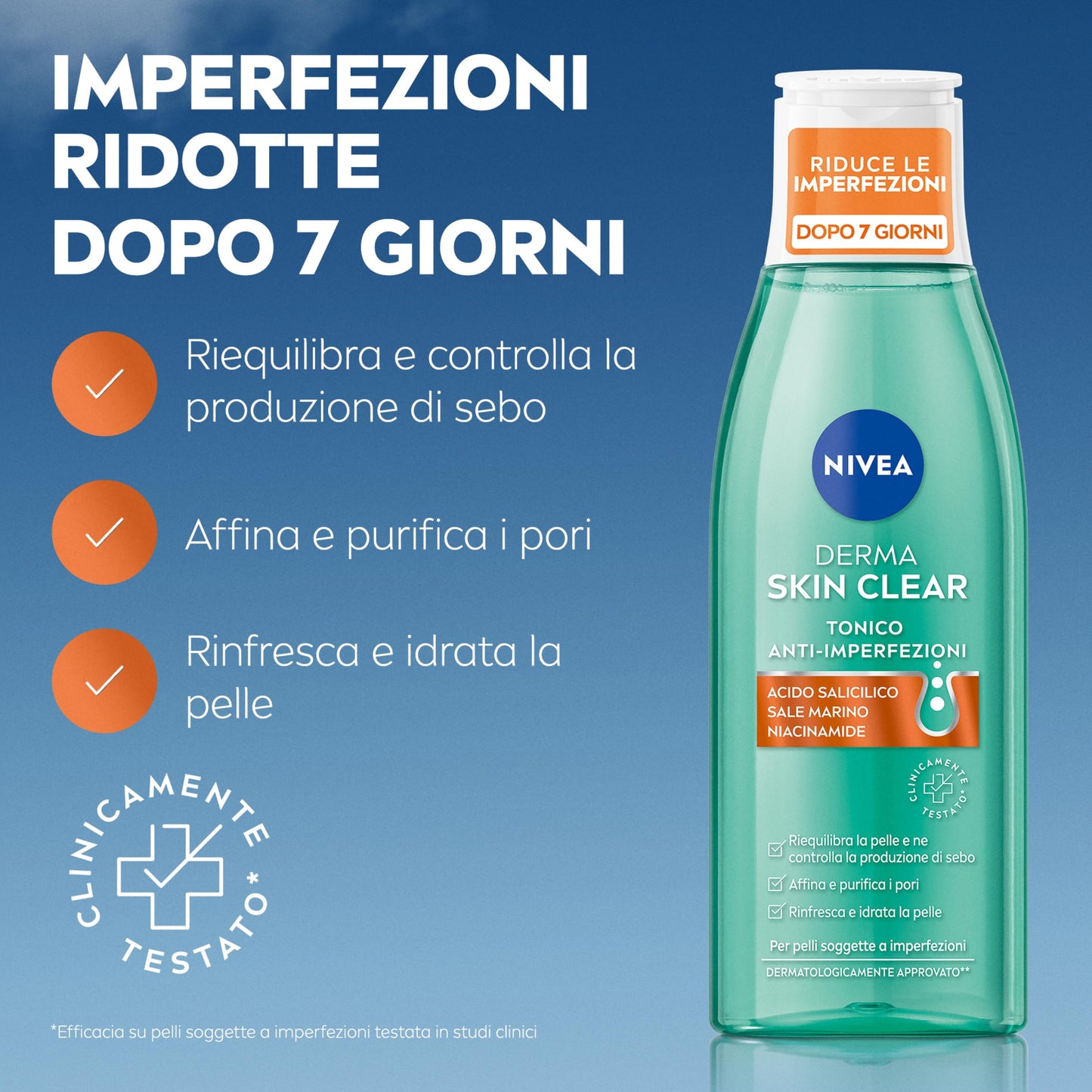 NIVEA Derma Skin Clear Tonico Anti-Imperfezioni 200 ml, Tonico viso pelle grassa e mista con Acido Salicilico, Sale Marino e Niacinamide, Tonico viso riequilibrante per la cura della pelle