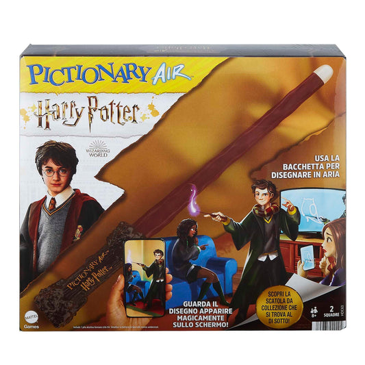 Mattel Games, Pictionary Air Harry Potter - Gioco per disegnare in aria con la penna a forma di bacchetta magica, 112 carte double-face con parole da indovinare, 8+ anni, Versione Italiana, HDC63
