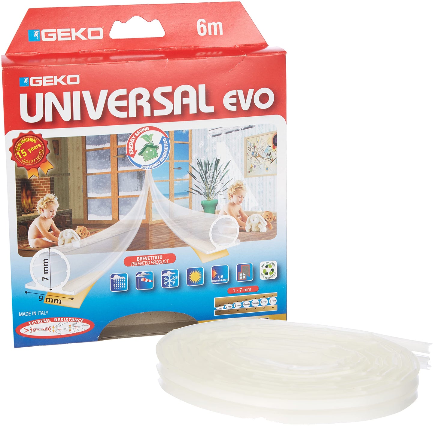 Geko 940013, Guarnizione adesiva termoplastica per porte e finestre, isolante contro caldo e freddo, anti UV, durata 15 anni, Bianco (transparent)