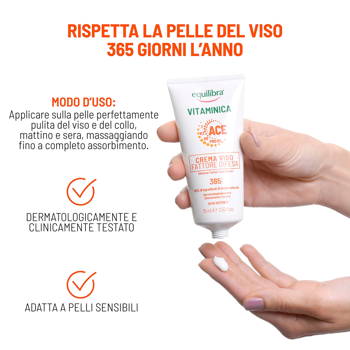 Equilibra Viso, Vitaminica, Crema Fattore Difesa, con Complesso Multivitaminico, Oli di Carota e Mango, Estratto del Litchi, Difende e Protegge la Viso 365 Giorni L'anno, 75 ml