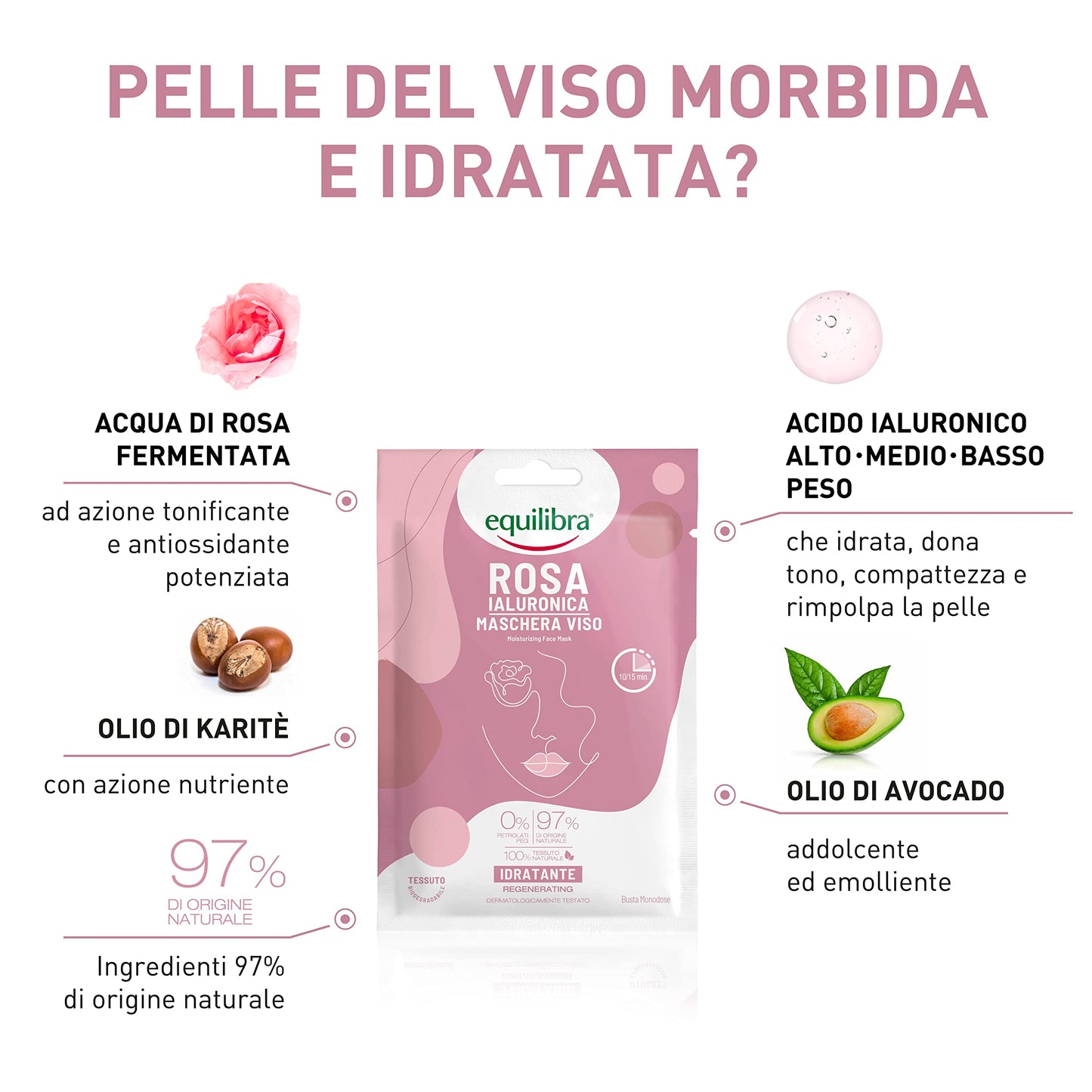 Equilibra Viso, Rosa Ialuronica Maschera Viso Idratante, Maschera in Tessuto 100% Naturale, Azione Idratante con Acqua di Rosa Fermentata, Acido Ialuronico, Olio di Avocado e Olio di Karité, Monodose