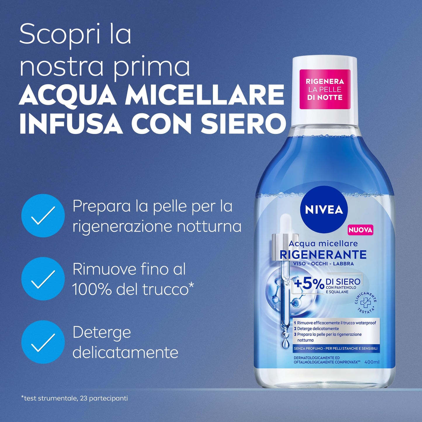 NIVEA Acqua Micellare Rigenerante 400 ml, Struccante viso e occhi con 5% siero + Aminoacid Complex, Detergente viso, occhi e labbra senza risciacquo per pelli stanche e sensibili