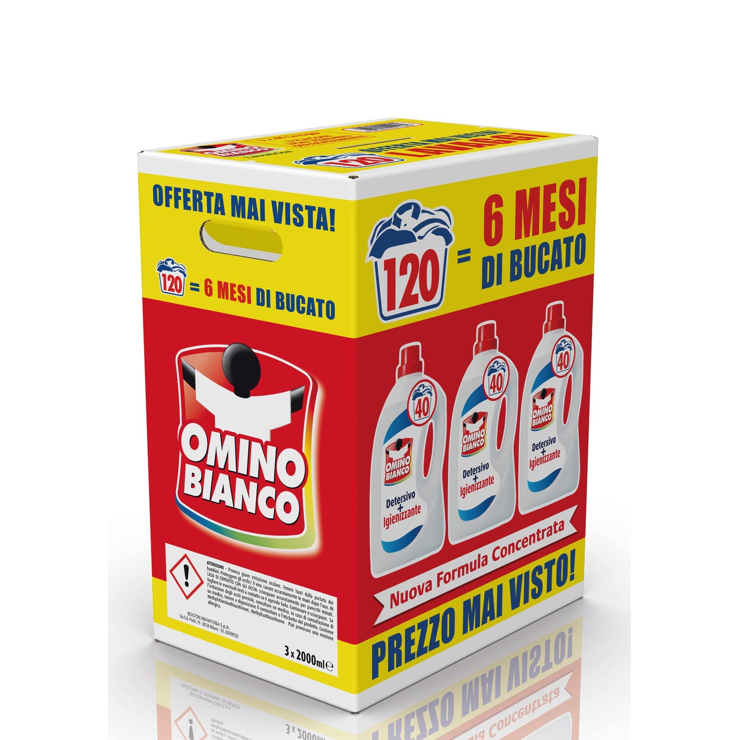 Omino Bianco - Detersivo Lavatrice Igienizzante Liquido, 120 Lavaggi, Igienizza i Capi e Rimuove Germi e Batteri, Formato Convenienza, 2000 ml x 3 Confezioni