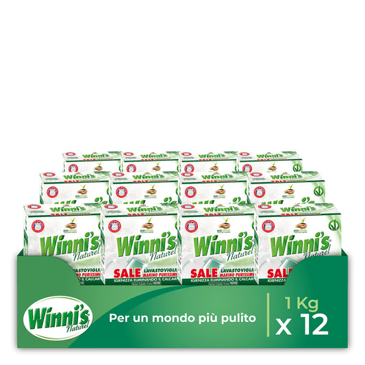 Winni's - Sale Lavastoviglie, Purissimo, Azione Igienizzante, Anticalcare e Addolcente, con Materie Prime di Origine Vegetale e Bio, 1 kg x 12 Confezioni