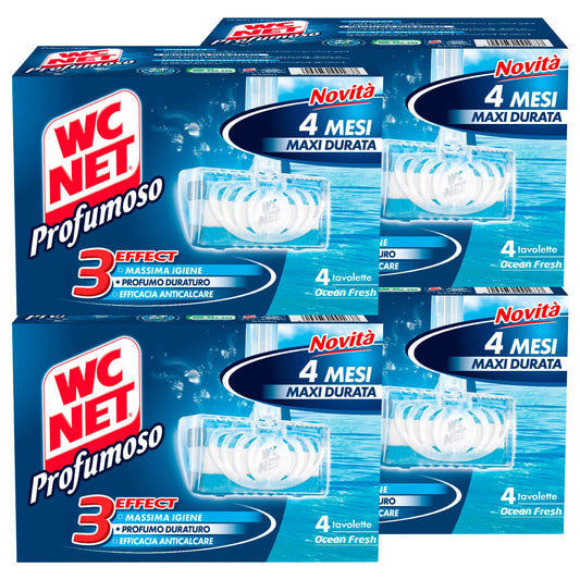 Wc Net - Tavoletta Profumoso 3 Effect, Detergente Igienizzante Solido per WC, Fragranza Ocean Fresh, 4 Pezzi x 4 Confezioni