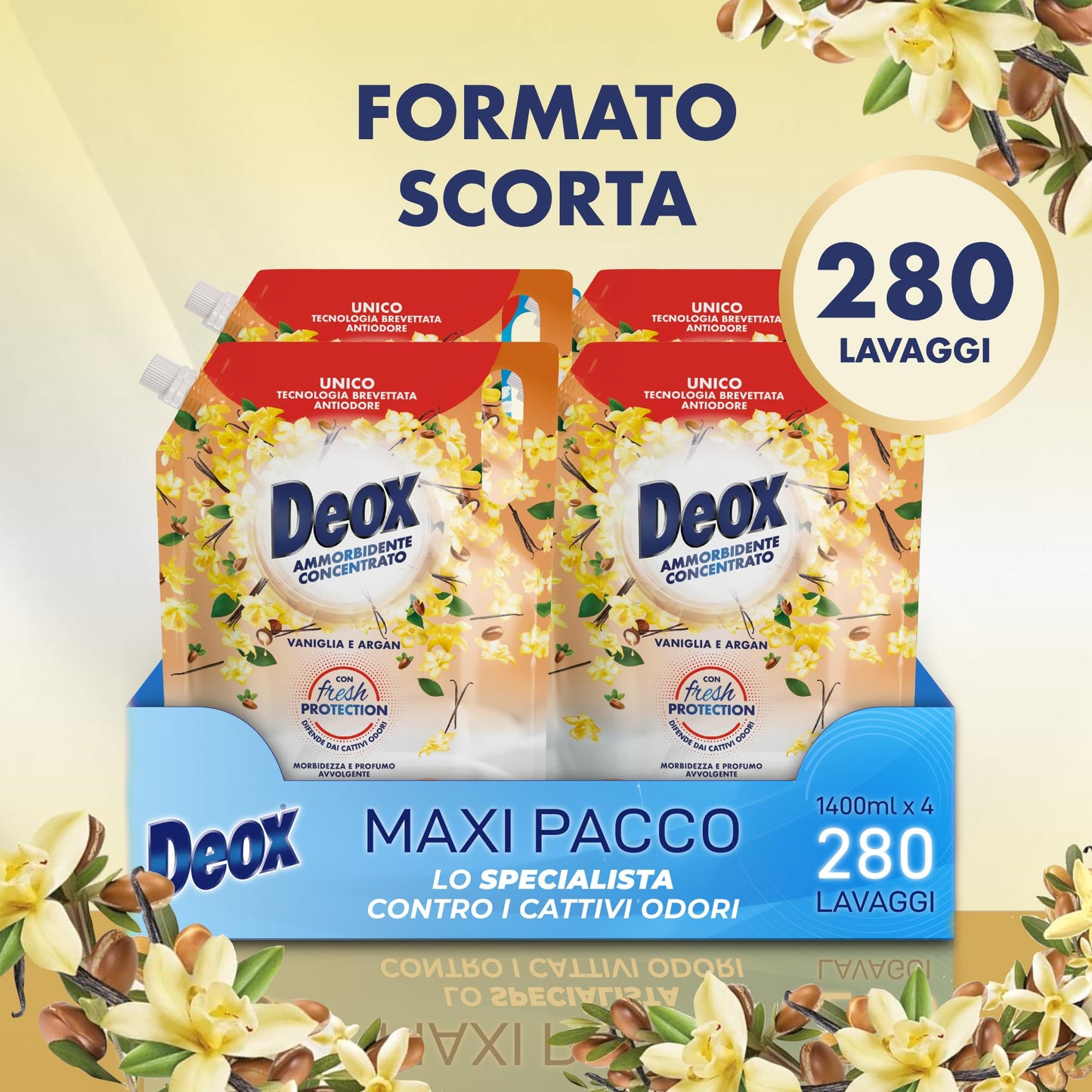 Deox Ammorbidente Concentrato, 280 Lavaggi, Vaniglia e Argan, Ecoformato, 4 x 1400 ml