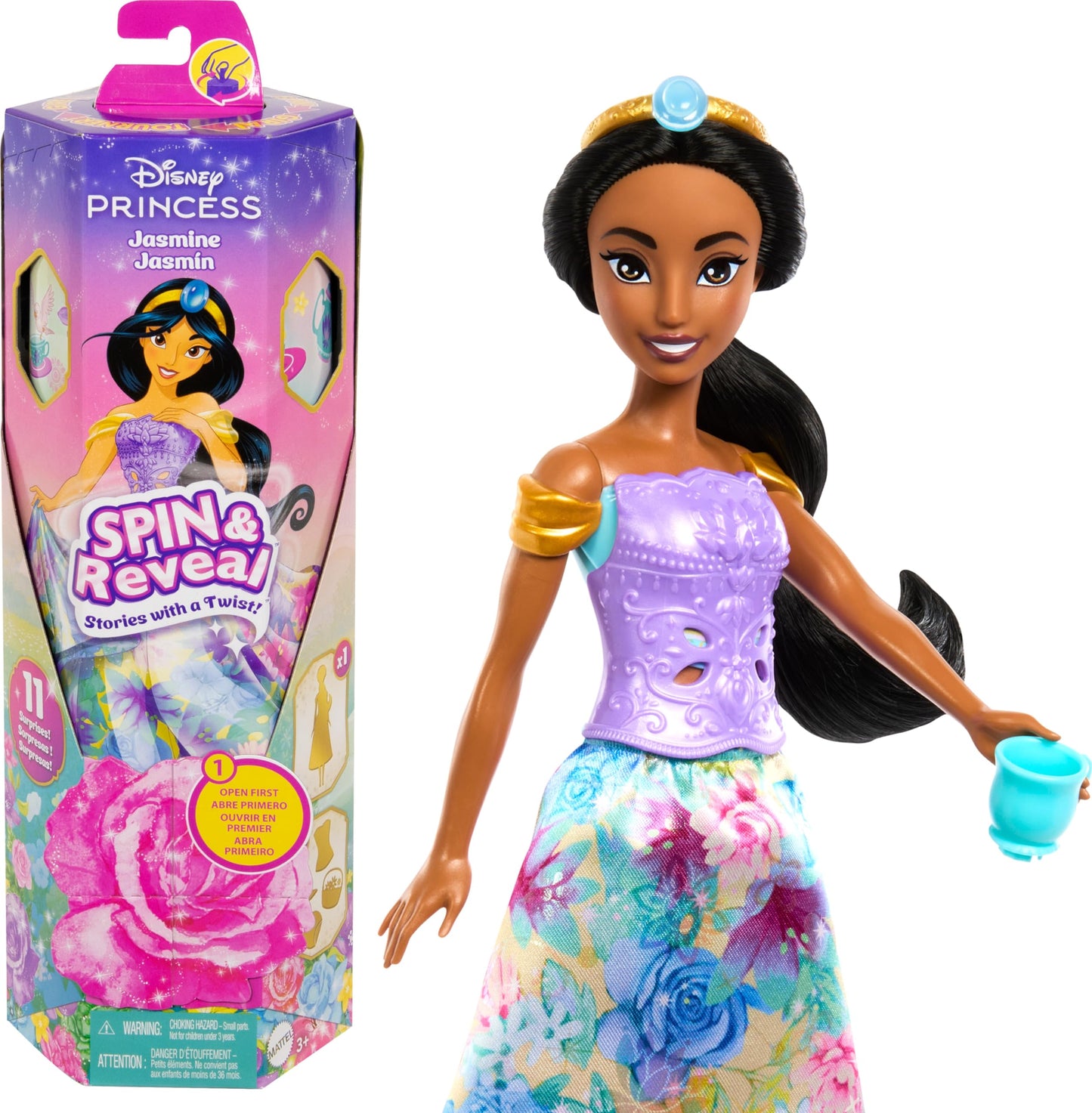 Bambola-Disney Princess Spin & Reveal, Jasminel,bambola + 10 accessori a sorpresa-Mattel-Eta3+