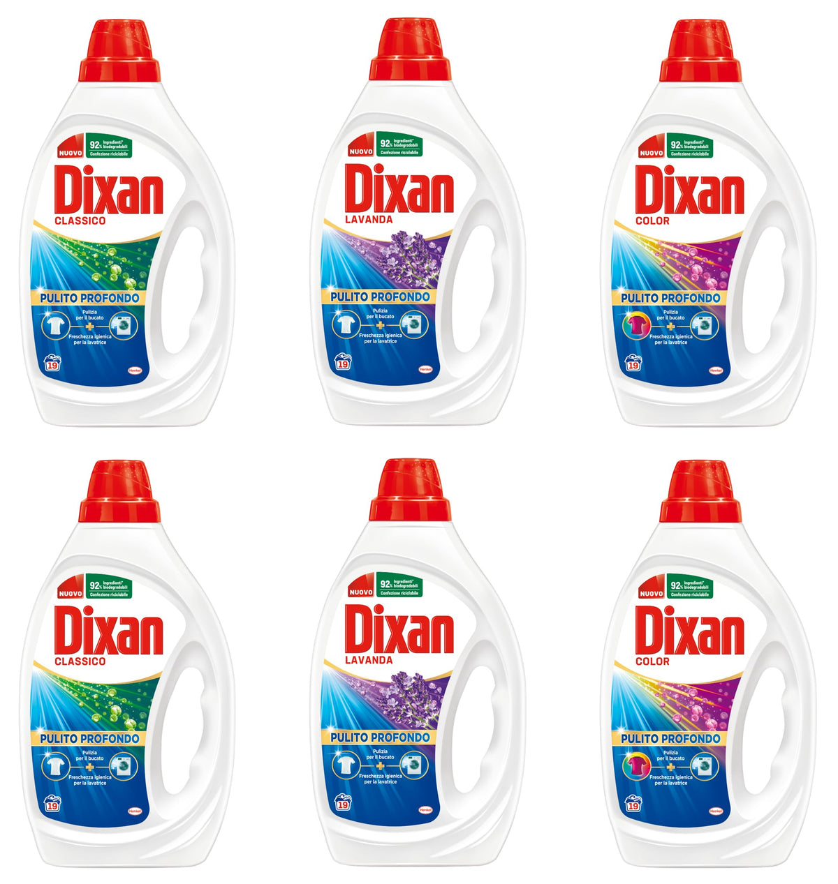 Dixan Liquido Classico: 6 x 19 Lavaggi - 114 Lavaggi. Rimuove Macchie da 20°C, Profuma e Igienizza il Bucato e la Lavatrice. Fresco e Pulito