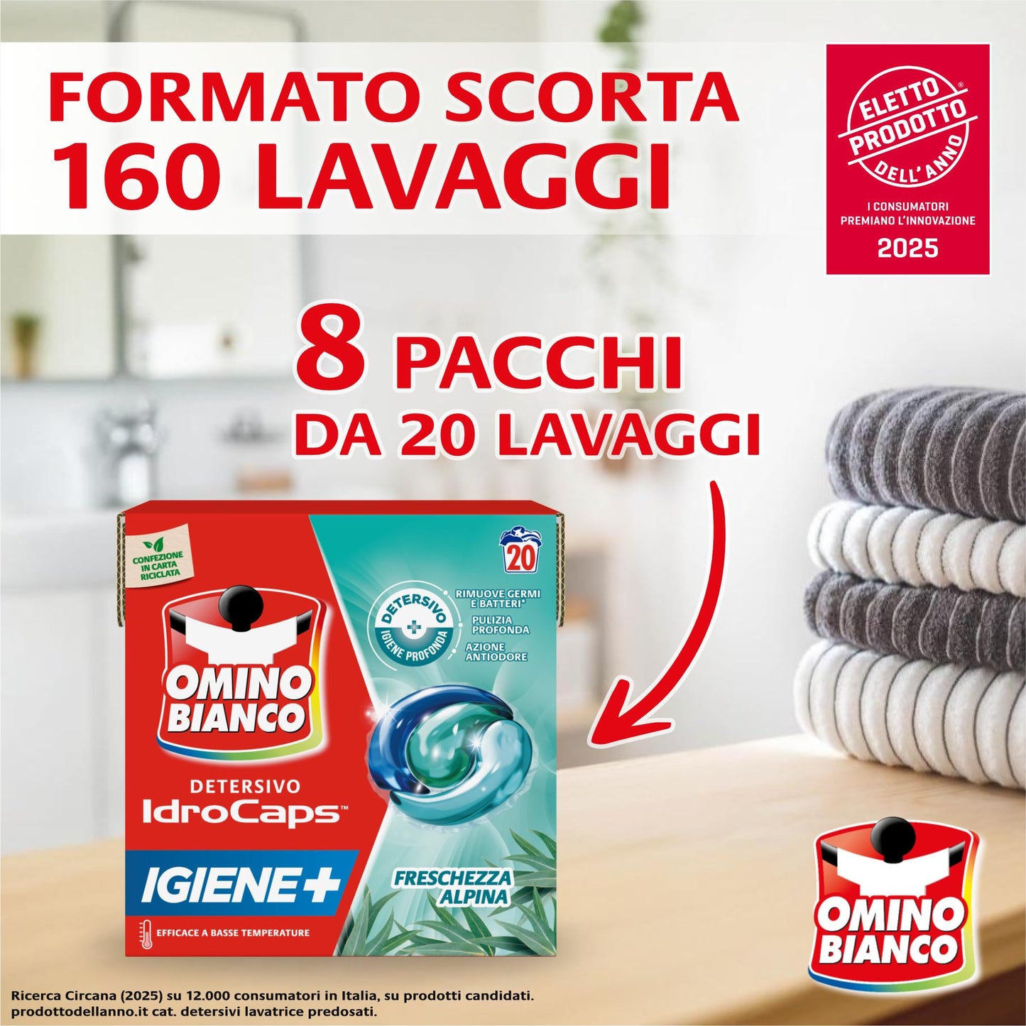 Omino Bianco Idrocaps - Detersivo Lavatrice in Capsule Igiene, 20 Lavaggi, Efficace a Basse Temperature, Profumo Freschezza Alpina, 20 Caps