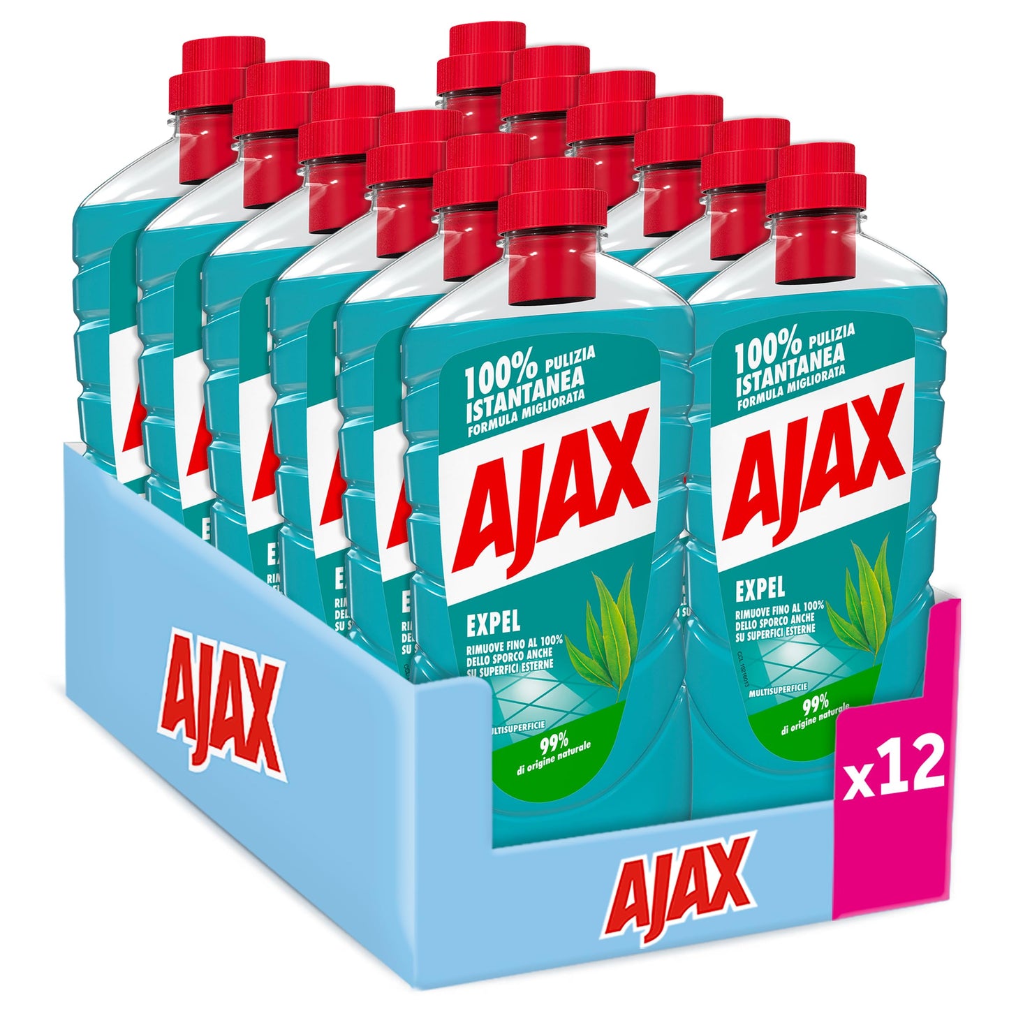 Ajax detersivo pavimenti Expel multisuperficie 12x950ml I 99% di ingredienti di origine naturale I non solo per la casa ma anche per le superfici Esterne I 100% forza pulente senza risciacquo
