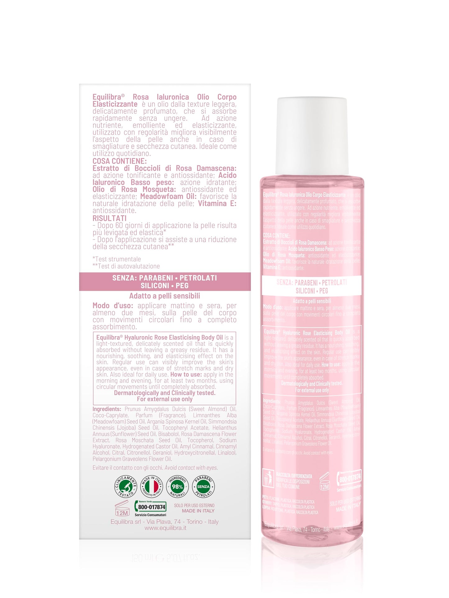 Equilibra, Olio Corpo, Azione Elasticizzante, Aiuta a Prevenire le Smagliature, 150ml, Non Unge, Estratto Rosa Damascena, Acido Ialuronico Basso Peso, Olio di Rosa Mosqueta, Meadowfoam Oil, Vitamina E
