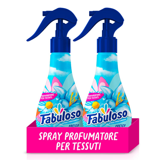 Fabuloso Spray Profumatore per Tessuti Fresco Mattino 2x250ml, Profumatore per Tessuti, Rinfresca i Capi, Spruzzo Sottile e Uniforme, Utilizzabile su Capi e Tessuti Bagnati