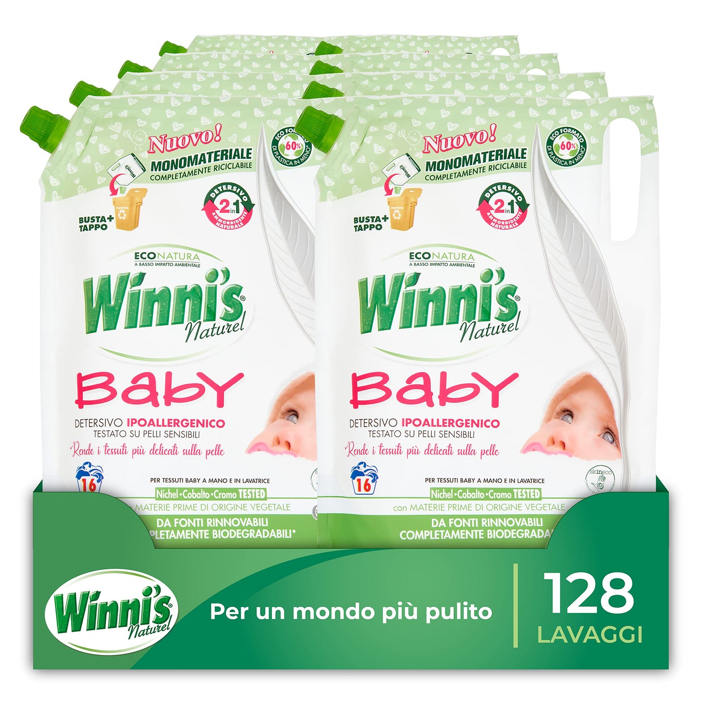 Winni's - Detersivo Lavatrice Baby Ipoallergenico in Ecoformato, 134 lavaggi, con Smacchianti Naturali da Biofermentazione e Materie Prime di Origine Vegetale, 800 ml x 8 Confezioni