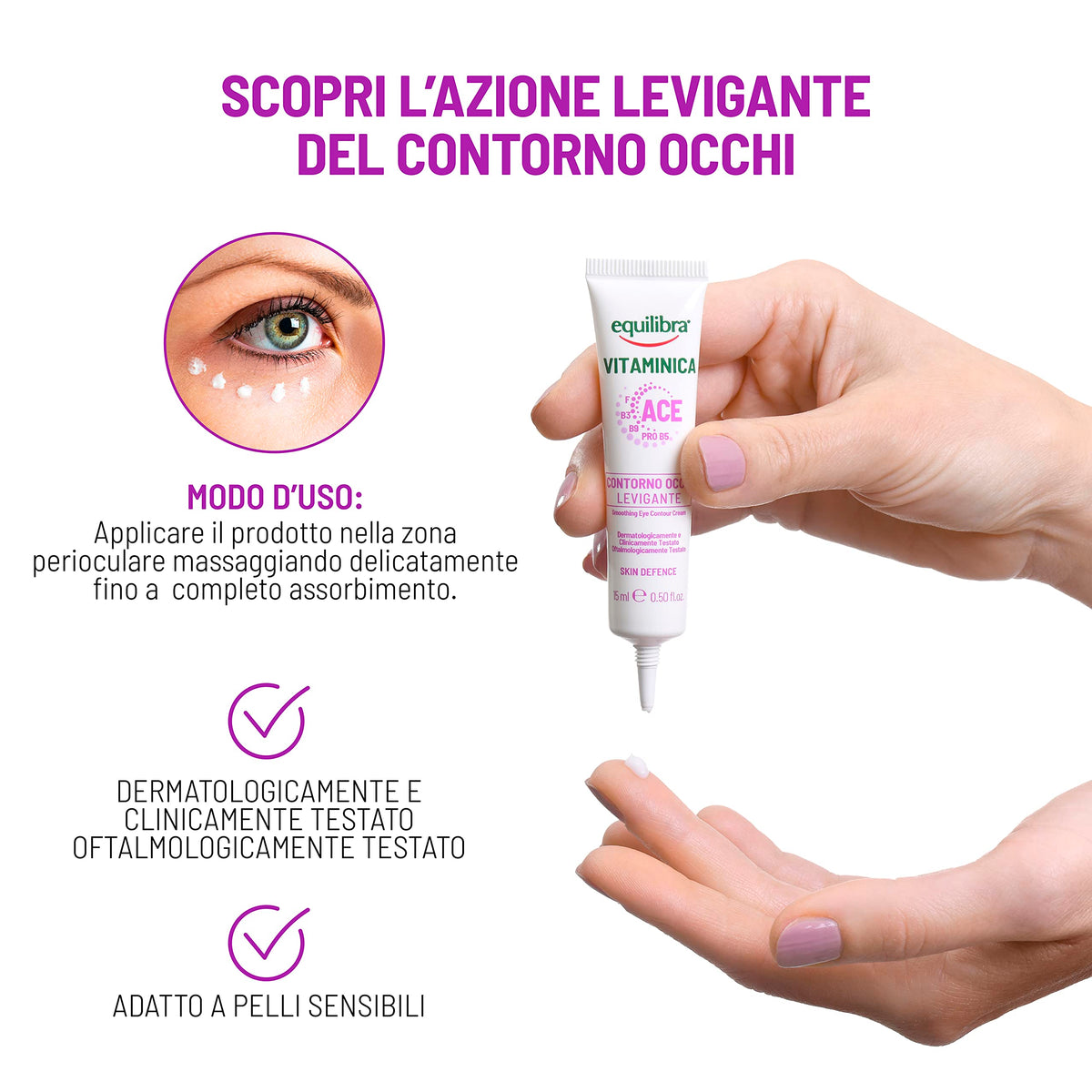 Equilibra Viso, Vitaminica, Contorno Occhi Levigante,con Complesso Multivitaminico, Acido Ialuronico, Caffeina, Burro Pistacchio, Azione Levigante, Contrasta Borse e Occhiaie,15 ml