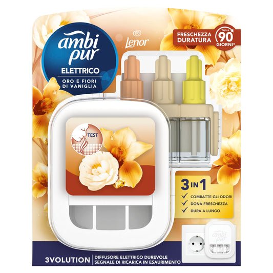 Ambi Pur 3Volution Profumatore per Ambienti, 1 Diffusore Elettrico Ambiente e 4 Ricariche, Fragranza Oro e Fiori, Teconologia Elimina Odori, Fino a 90 Giorni di Profumo per Ricarica