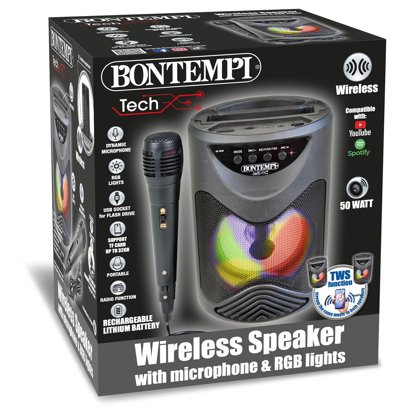 Bontempi | SonicSync - Amplificatore Wireless Karaoke con Microfono Dinamico, Vano Porta Smartphone, Effetti Luminosi ed Effetto Eco, 18,9x15,9x12,9 cm
