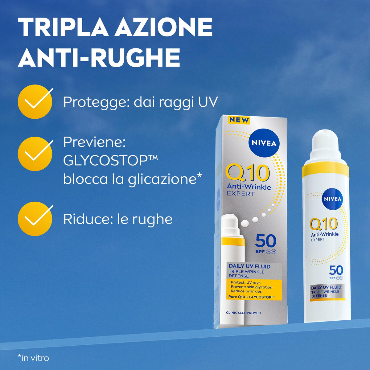 NIVEA Q10 Anti-Rughe Expert Fluido UV Quotidiano SPF 50 40 ml, Crema viso antirughe a tripla azione con protezione solare, Crema viso SPF 50 con Q10 Puro e Glycostop contro raggi UV e rughe