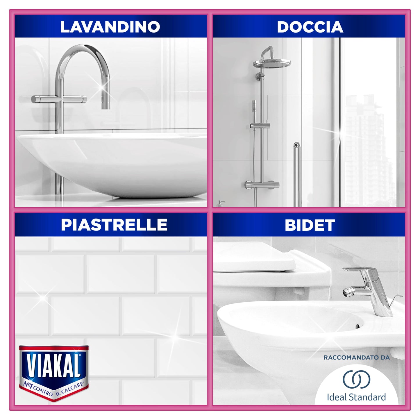 Viakal Spray Anticalcare, Confezione da 4 x 720ml, Fragranza Fresco Profumo, Tecnologia Anti-Goccia, Elimina Fino Al 100% Di Calcare e Residui di Sapone, Con Segnalibro Viakal