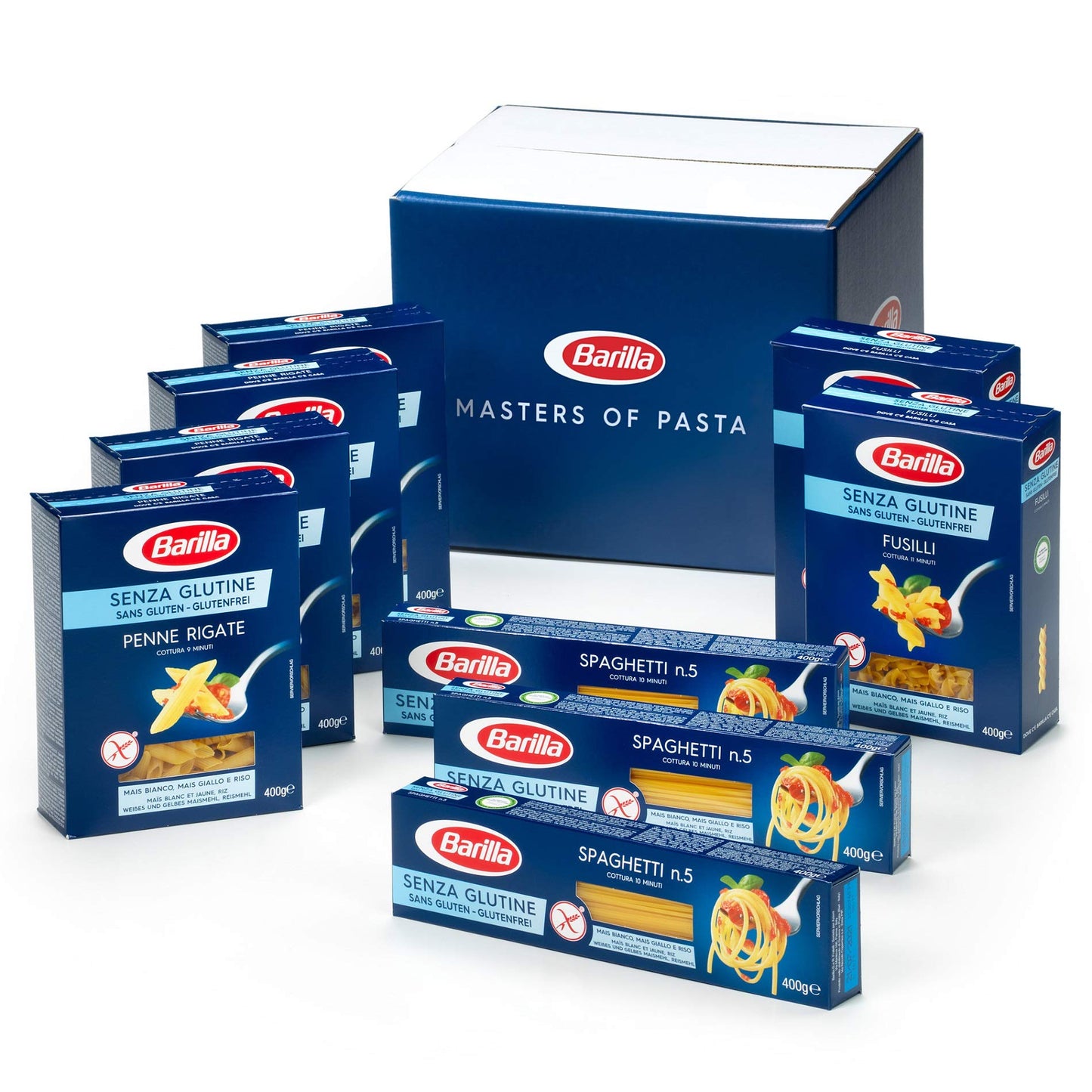 Barilla Variety Pack Senza Glutine, Confezione Composta da 4 Pack di Penne Rigate Senza Glutine 400g, 2 Pack Fusilli Senza Glutine 400g e 3 Pack Spaghetti Senza Glutine 400g