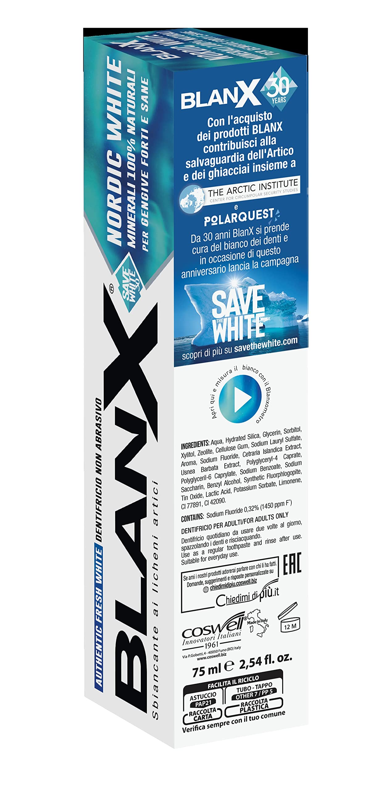 BlanX, Dentifricio Nordic White, Dentifricio Sbiancante Anti-Macchia, con Minearli Nordici 100% Naturali, Azione Lenitiva, Sbiancante e Rigenerante, Freschezza Immediata, Formato 75 ml, 1 Confezione