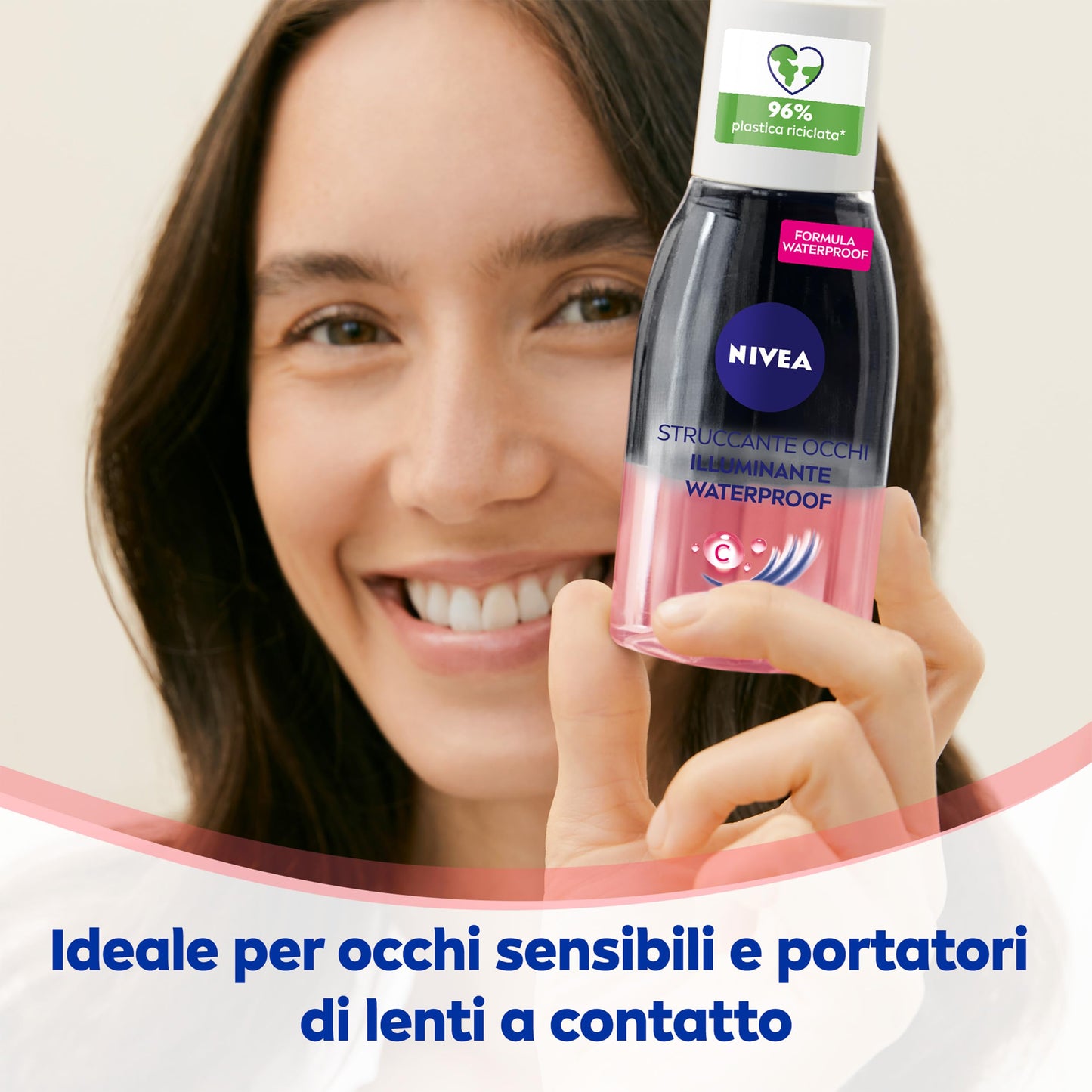 NIVEA Struccante Occhi Bifase Illuminante Waterproof 125 ml, Struccante bifasico per gli occhi arricchito con vitamina C energizzante, Olio struccante bifase per il trucco waterproof