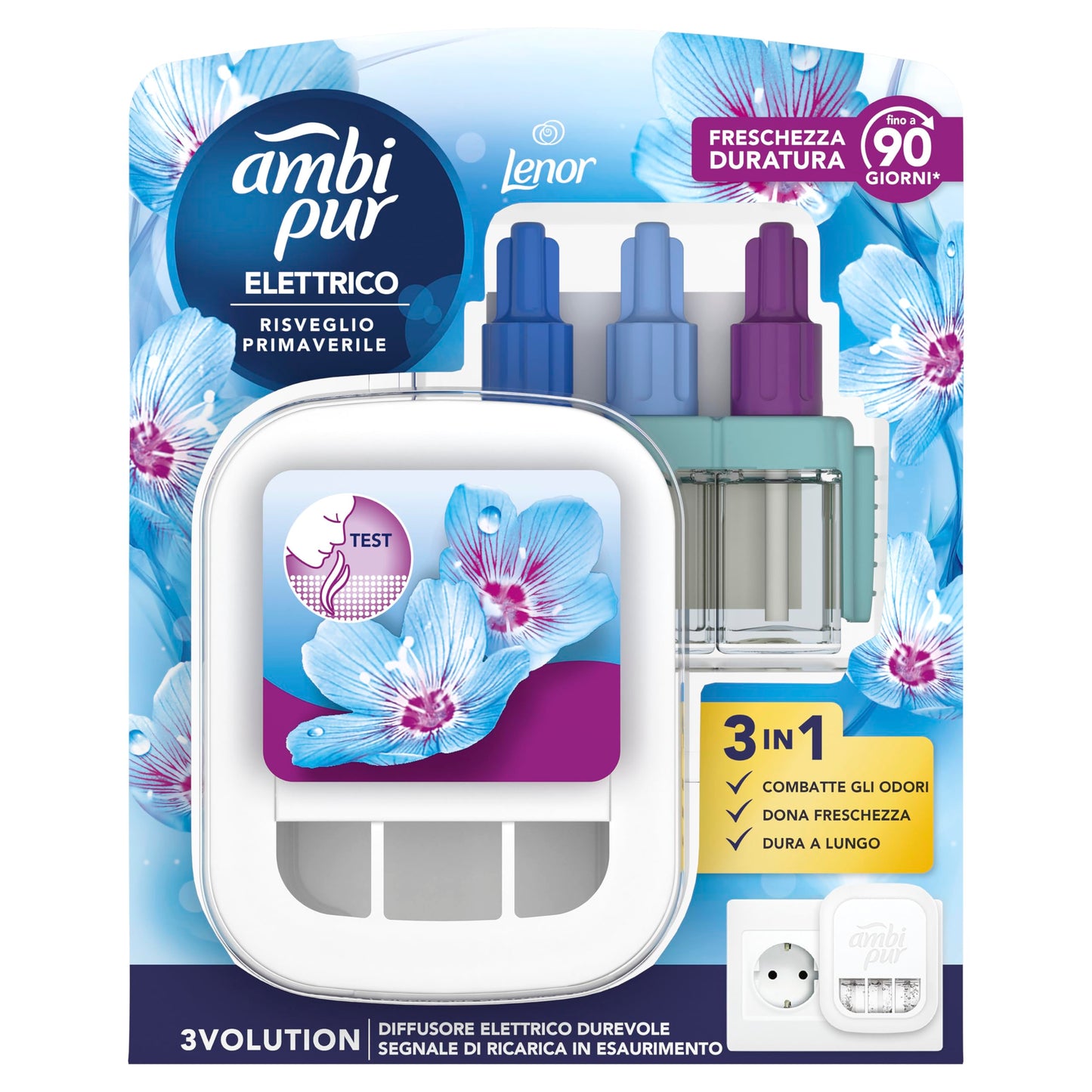Ambi Pur 3Volution Profumatore per Ambienti, 1 Diffusore Elettrico e 1 Ricarica, Fragranza Lenor Risveglio Primaverile, Teconologia Elimina Odori, Fino a 90 Giorni di Profumo per Ricarica