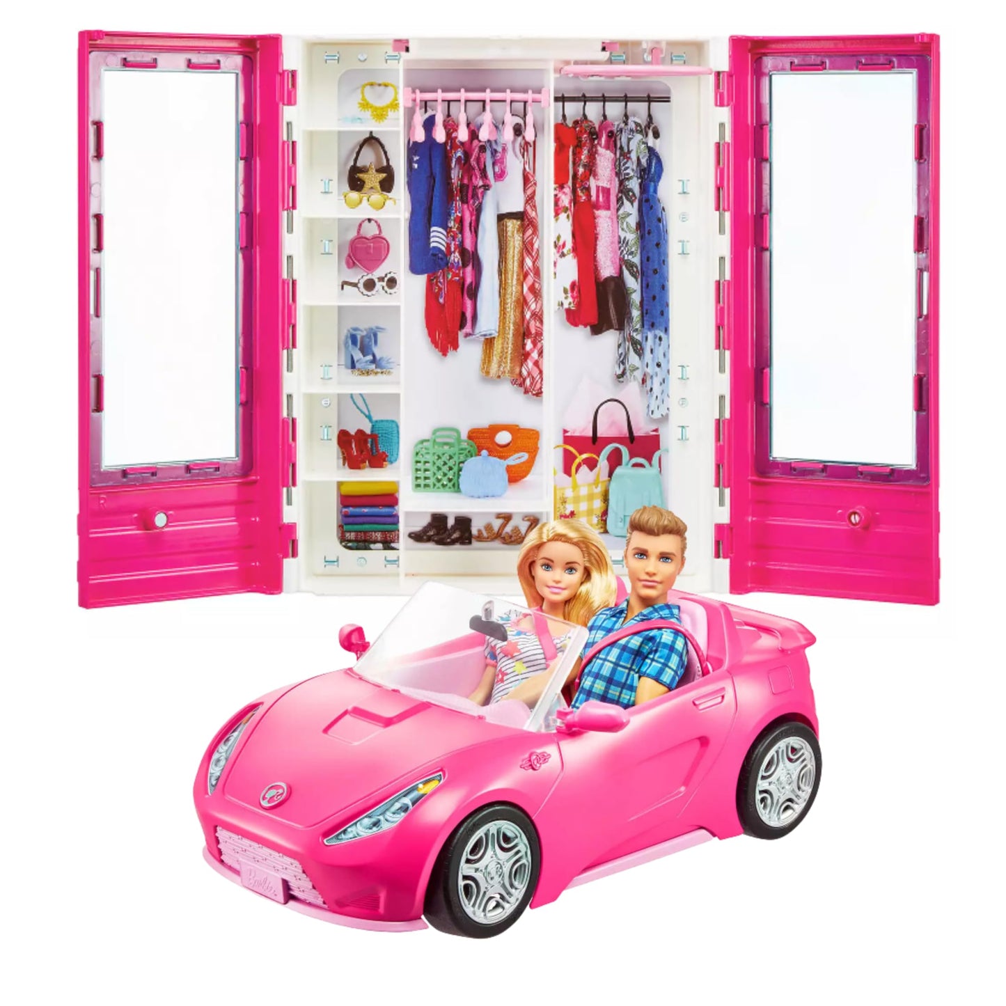 Mattel - Set Barbie + Ken + Auto Cabrio + Armadio (Accessori Non Inclusi)