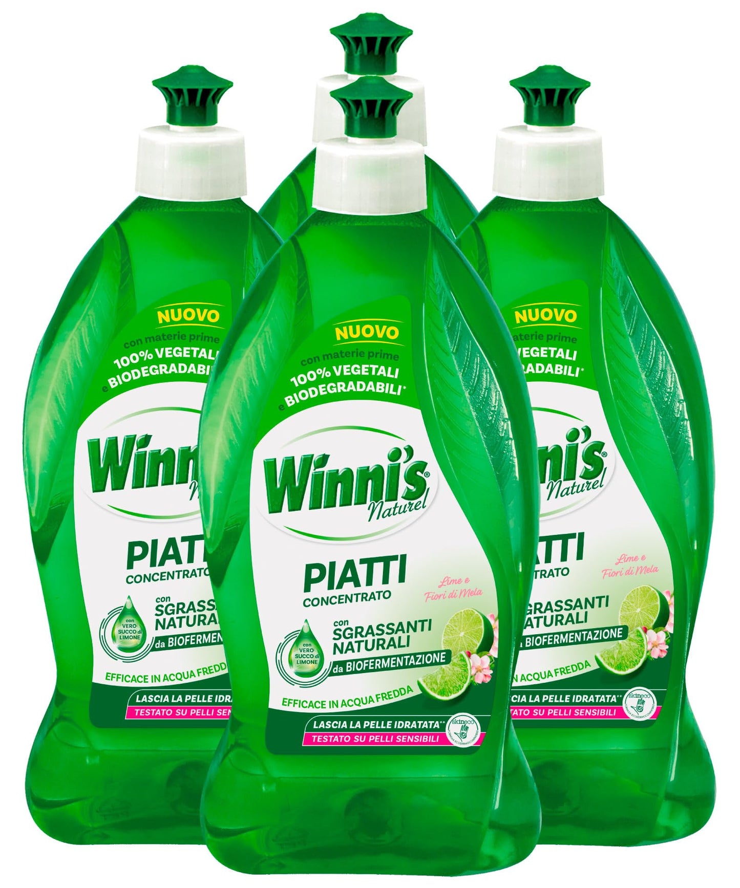 Winni's Naturel Detersivo Concentrato Lavaggio a Mano Piatti e Stoviglie Fragranza Lime Fiori di Mela Ipoallergenico Materie Prime Origine Vegetale Completamente Biodegradabili - 4 Flaconi da 500ml