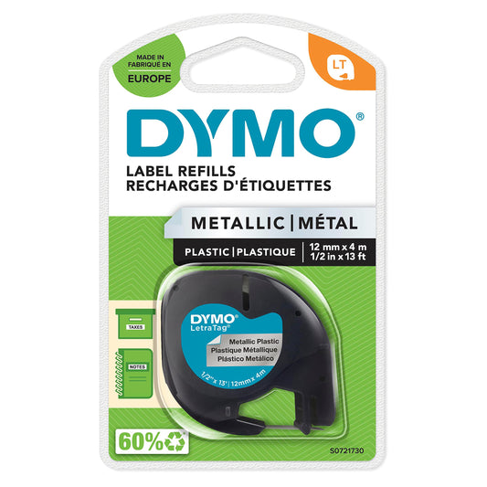 Dymo LetraTag etichette originali metallico autoadesiva – rotolo da 12 mm x 4 m – stampa nera su argento metallico – LT etichette autoadesive per etichettatrice LetraTag – 1 pezzo