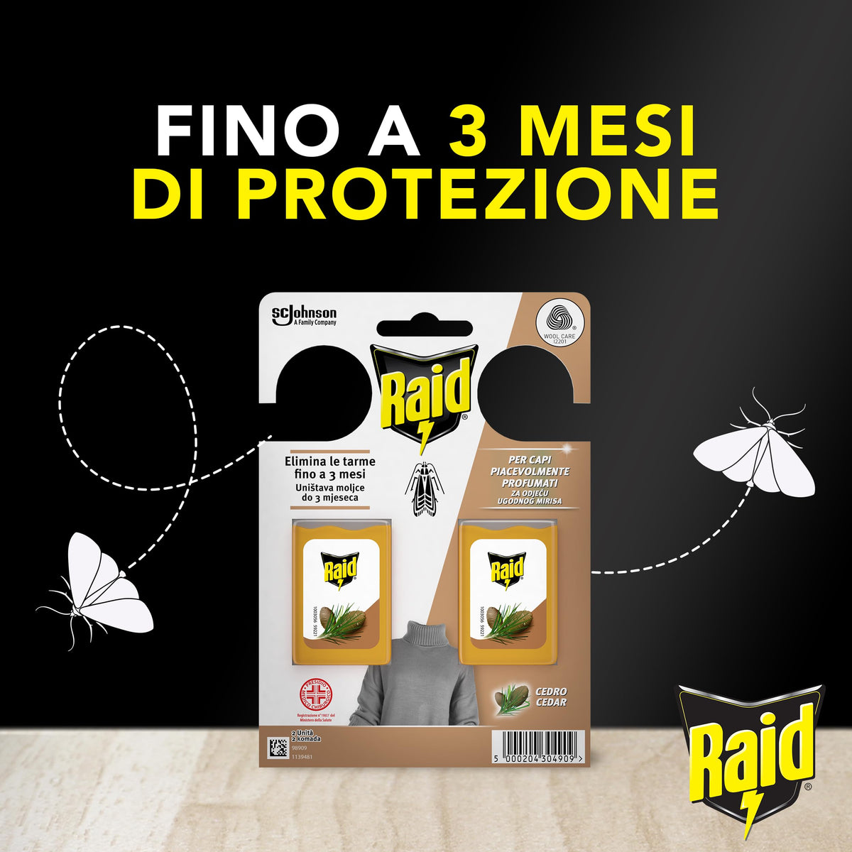 Raid Anti Tarme Gel Vestiti, Per Capi Piacevolmente Profumati, Fragranza al Cedro, 2 Pezzi