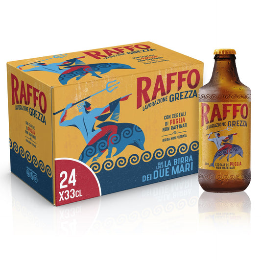 Raffo Lavorazione Grezza Cassa Birra con 24 Bottiglie da 33 cl, 7.92 L, Birra Lager Non Filtrata A Bassa Fermentazione dal Gusto Piacevolmente Fresco e dal Colore Dorato, Gradazione 4.8% Vol