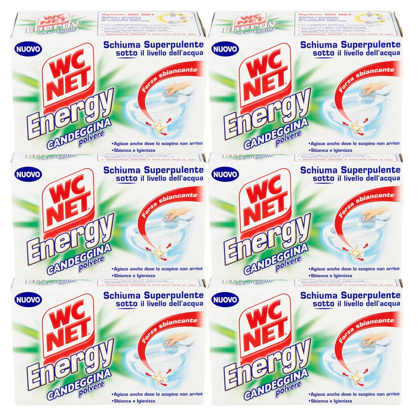 Wc Net - Energy con Candeggina, Detergente Igienizzante in Polvere per WC, Schiuma Autopulente con Azione Sbiancante, 4 Buste x 6 Confezioni