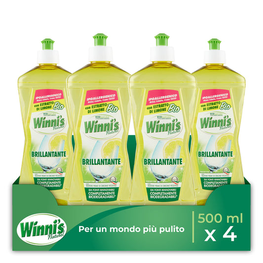 Winni's - Additivo Brillantante Lavastoviglie Ipoallergenico, con Estratto di Limone Bio, Contro Residui e Macchie, con Materie Prime di Origine Vegetale, 500 ml x 4 Confezioni