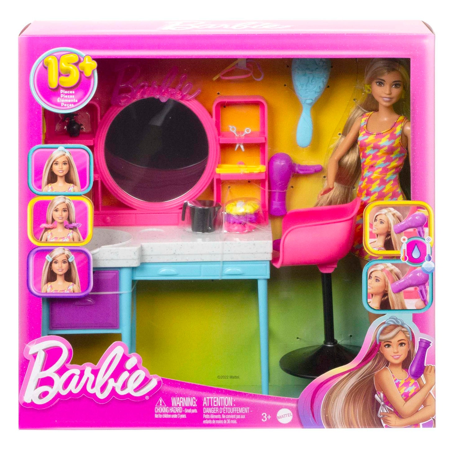 Barbie - Playset Salone di Bellezza Bambola Super Chioma, include 1 bambola con capelli lunghi cambia-colore, abito pied-de-poule e 15+ accessori per capelli, giocattolo per bambini, 3+ anni, HKV00