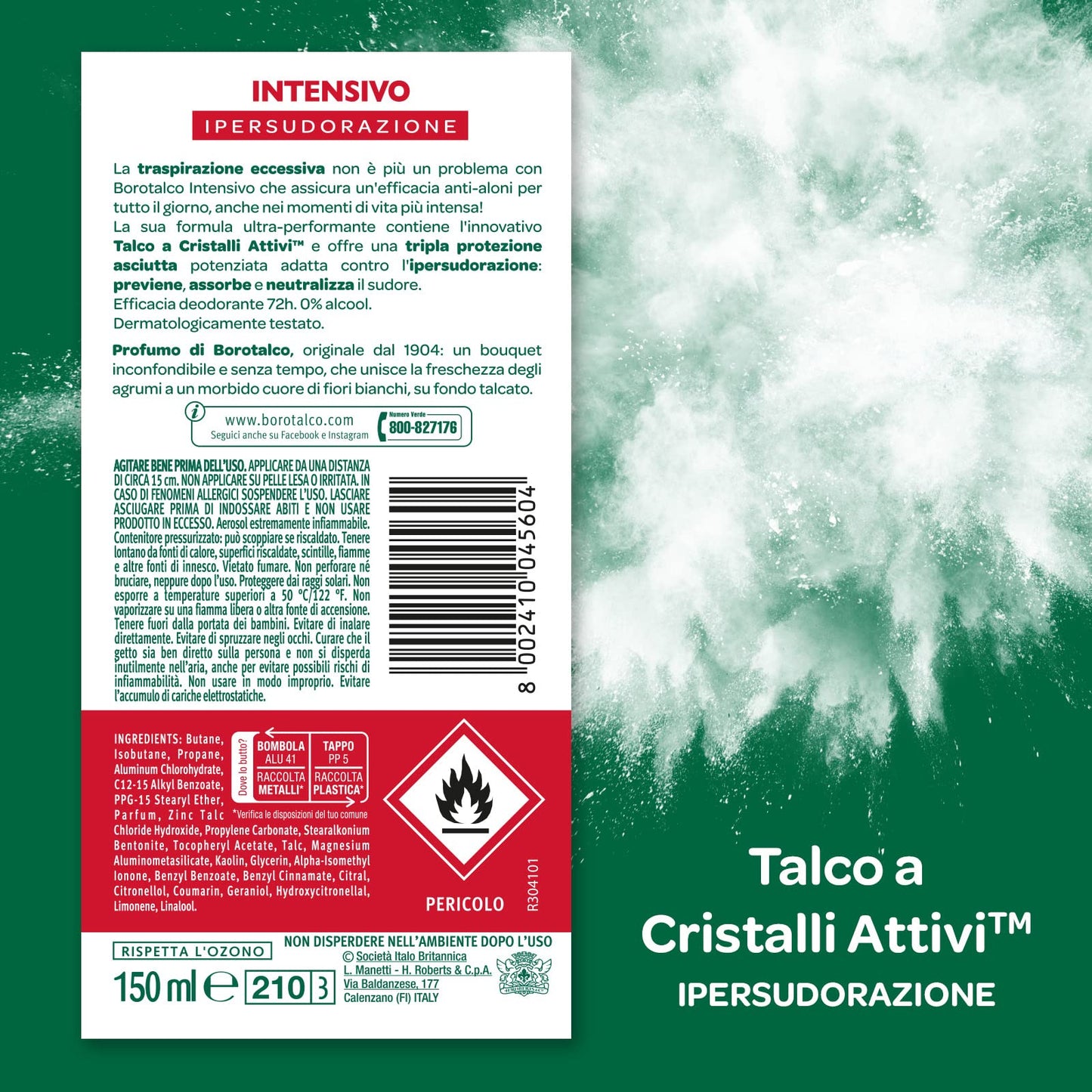 Borotalco, Deodorante Spray Intensivo, Formula Senza Alcool e con Talco a Cristalli Attivi, Ipersudorazione, Profumo di Borotalco, 72h di Efficacia - 1 Flacone da 150 ml