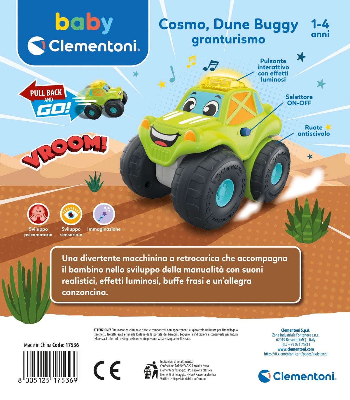 Baby Clementoni - Cosmo Dune Buggy, Macchinina Bambino 1-4 Anni, Gioco Prima Infanzia, Fuoristrada con Suoni e Sirene, Stimola Manualità, Vista e Udito, Made in Italy, Lingua Italiana, 17536