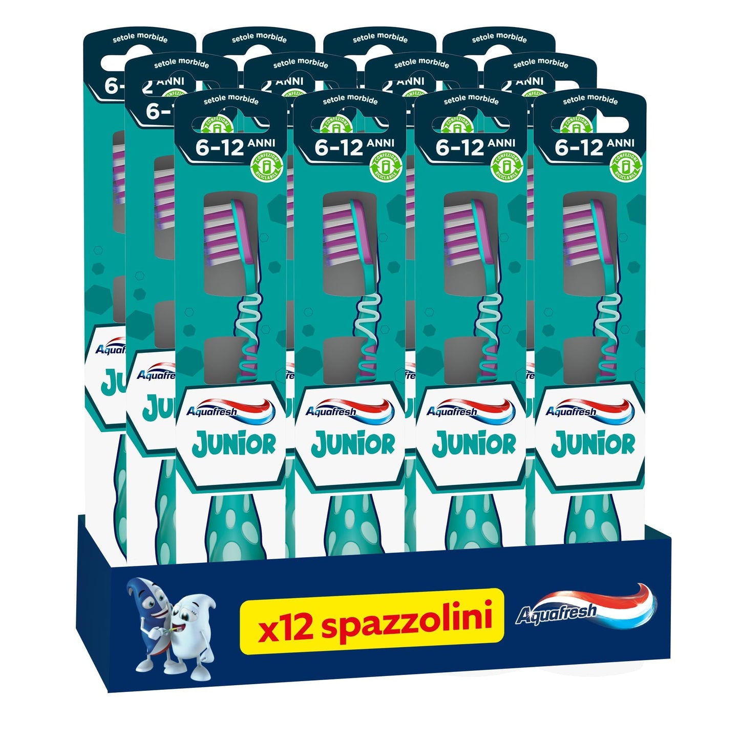 Aquafresh Junior, Spazzolino Denti per Bambini 6-12 anni, Denti da Latte e Permanenti, Setole Morbide, Pulizia Efficace, Collo Flessibile, Pacco da 12