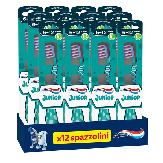 Aquafresh Junior, Spazzolino Denti per Bambini 6-12 anni, Denti da Latte e Permanenti, Setole Morbide, Pulizia Efficace, Collo Flessibile, Pacco da 12